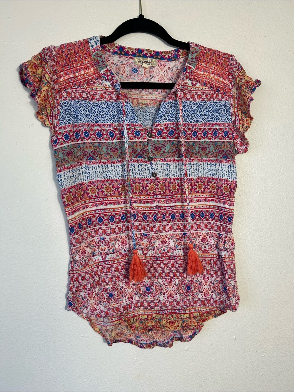 One World Live And Let Live Boho Blouse M Rayon Lurex Shimmer Tassel Tie Top